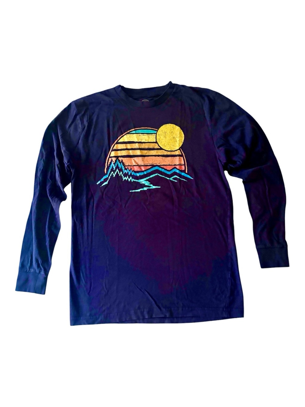Lost Goods Men's Long Sleeve Graphic Tee in Navy with Sunset Mountain Motif